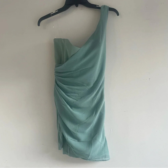 New! Oh Polly Paloma One Shoulder Draped Mini Dress in Teal nwt 22208 - Picture 3 of 14